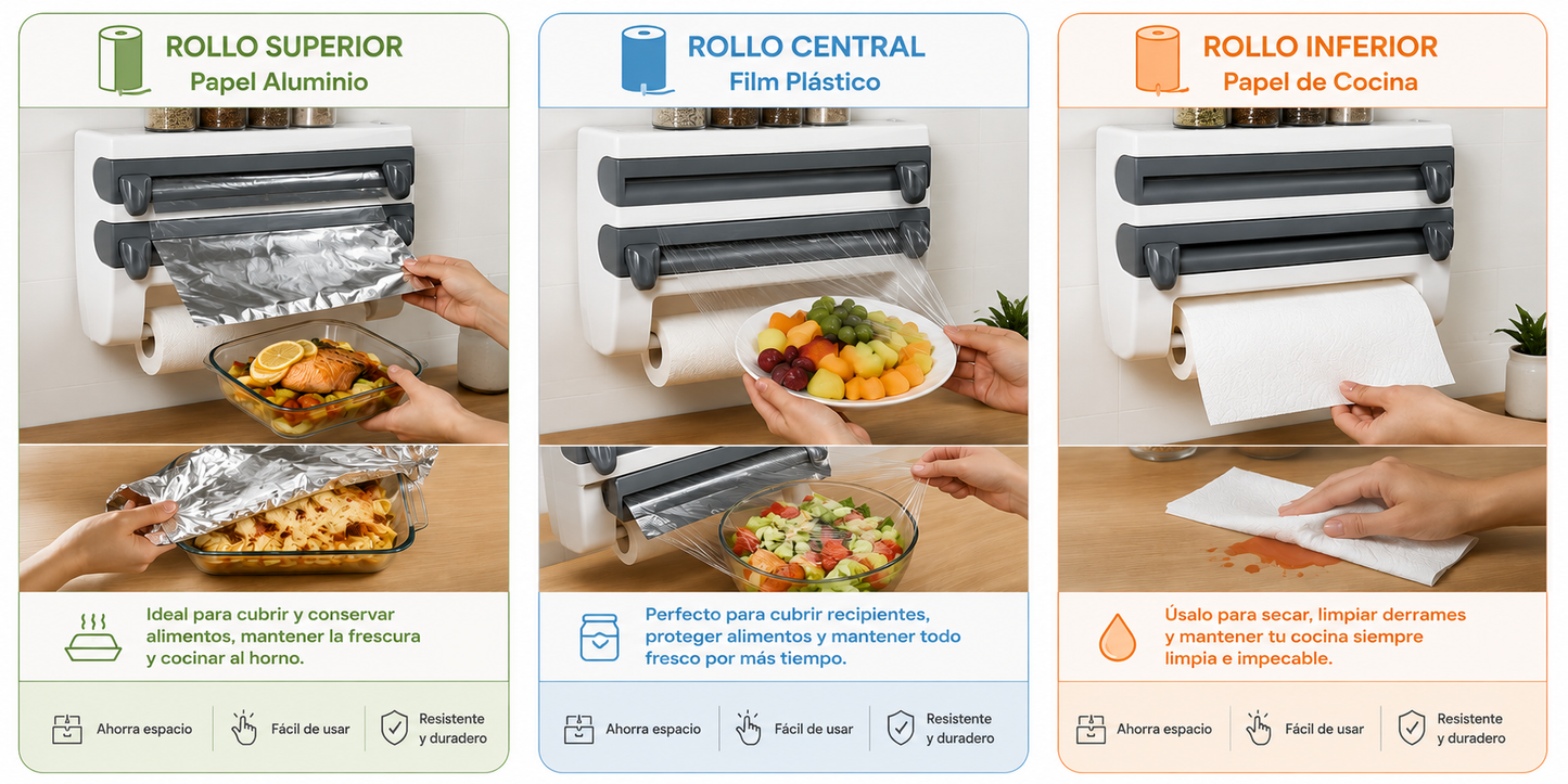 ¡Adios al desorden! Dispensador de papel 3 en 1